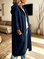 Plus Size - Women'S Spring Autumn Elegant Casual Cute Sexy Gentle Solid Color Hooded Drawstring Thick Long Sleeve Soft Warm Coat Button-Up Cardigan Jacket - Navy Color