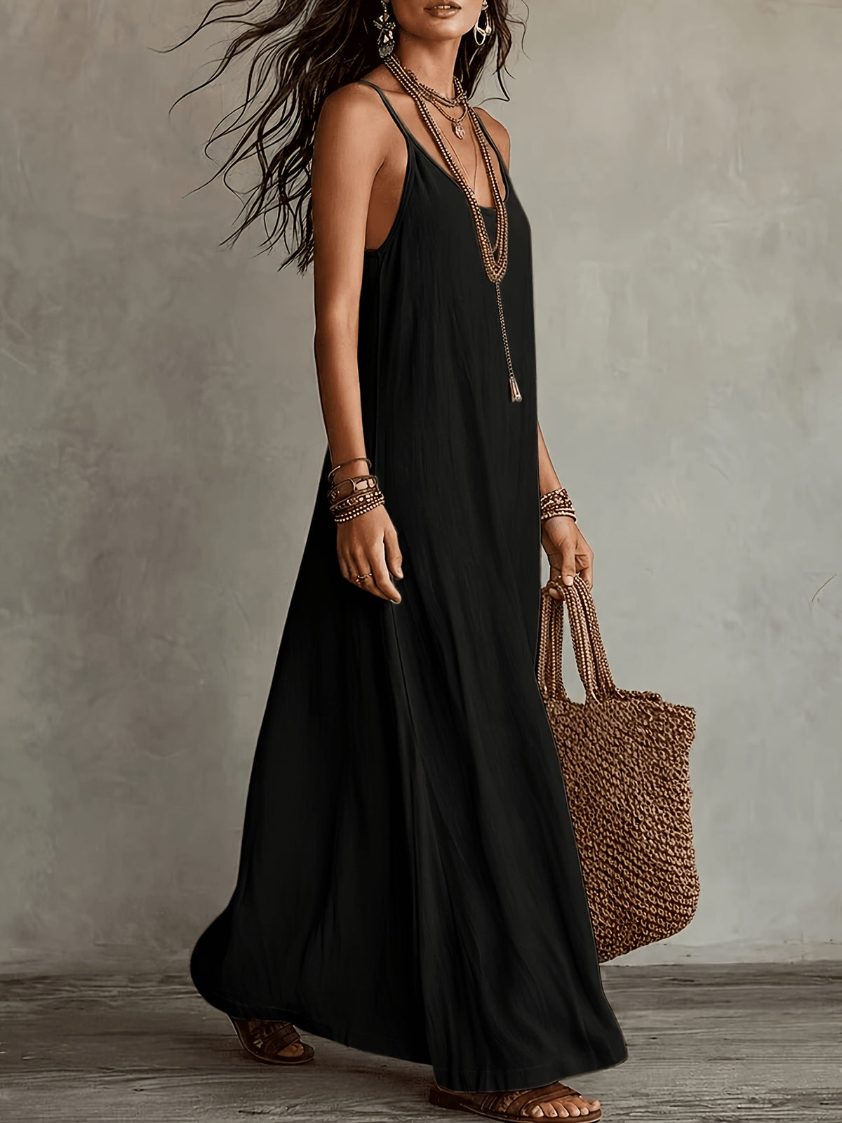 Women'S Spaghetti Strap Maxi Dress, V-Neck Loose Flowing Long Dress, Bohemian Casual Beach Vacation Summer Beach Dress - Black