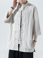 New Chinese Style Men'S Half-Sleeved Casual Shirt, Classic 5pcs Button-Up Men'S Shirt, Comfortable And Breathable Linen Blend Men'S Top - White