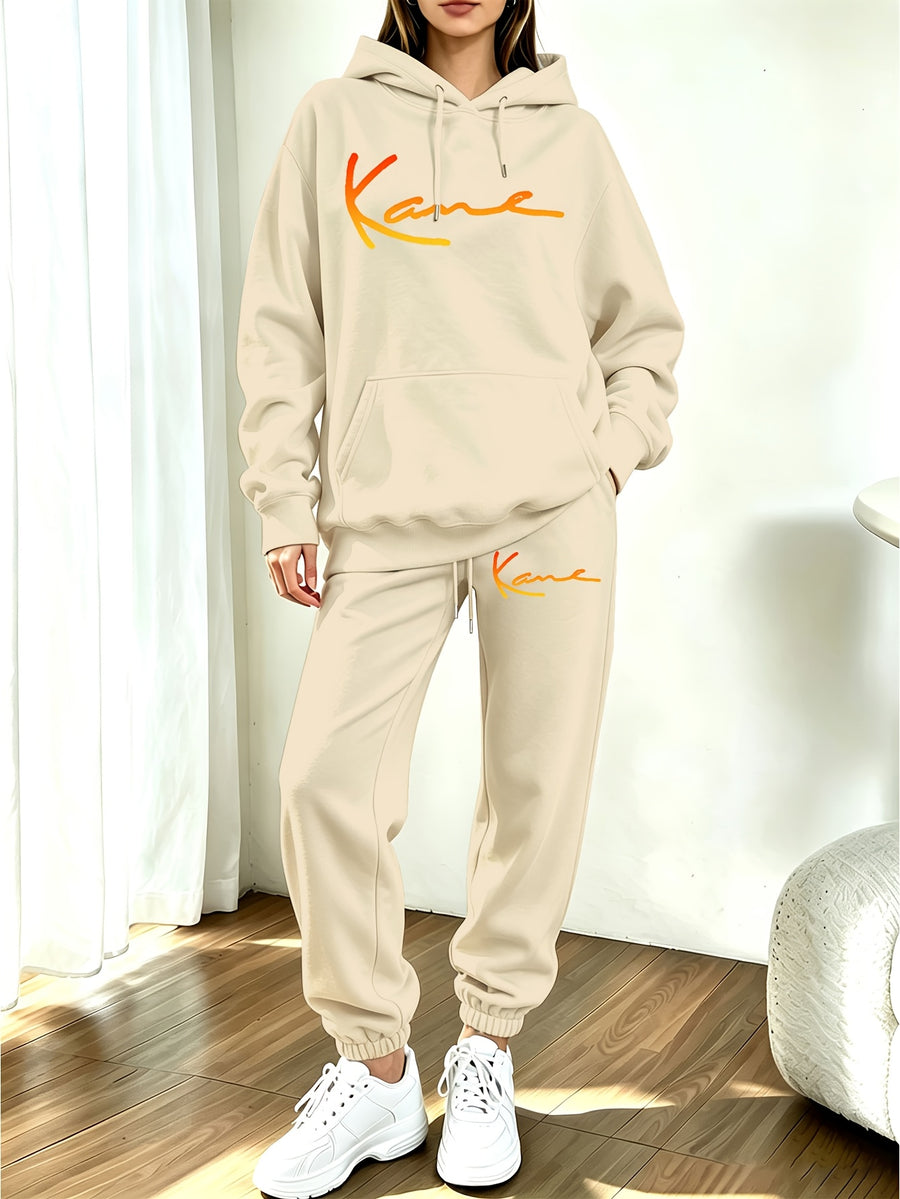 Autumn Winter Trendy Fashion Hooded Drawstring Sweatshirt And Jogger Pants Women'S Set, Hooded Drawstring Design, Front Kangaroo Pocket on Sweatshirt, Comfortable Wear for Cold Weather, Classic Silhouette, Comfortable Fit - Apricot2