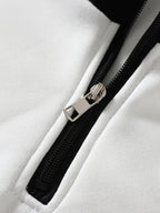 New Autumn Winter Men'S Half-Zip Stand-Up Collar Sweatshirt, Black And White Irregular Patchwork Design, Trendy Print, Double Sleeve Vertical Same Font Logo, Suitable for Campus Outings, Urban Commuting, Street Exploration, Short Outdoor Trips - White