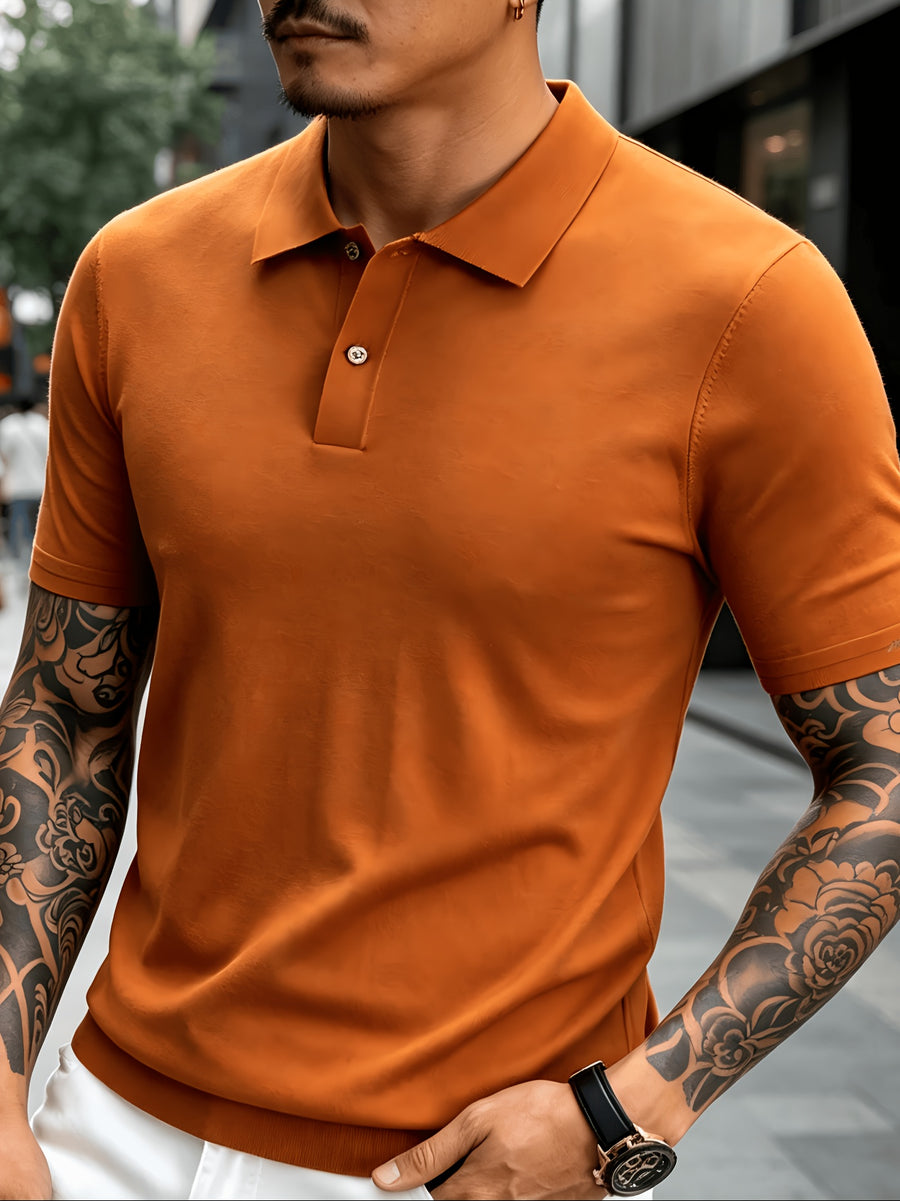 Men's Knitted Short-Sleeve Polo Shirt - Urban Street Scene Exterior Shot, Slim Fit, Lapel Collar, Two-Button, Business Casual Commuter Thin Top, Solid Color Knit Top with Embroidered Cuff Design - Emma Orange