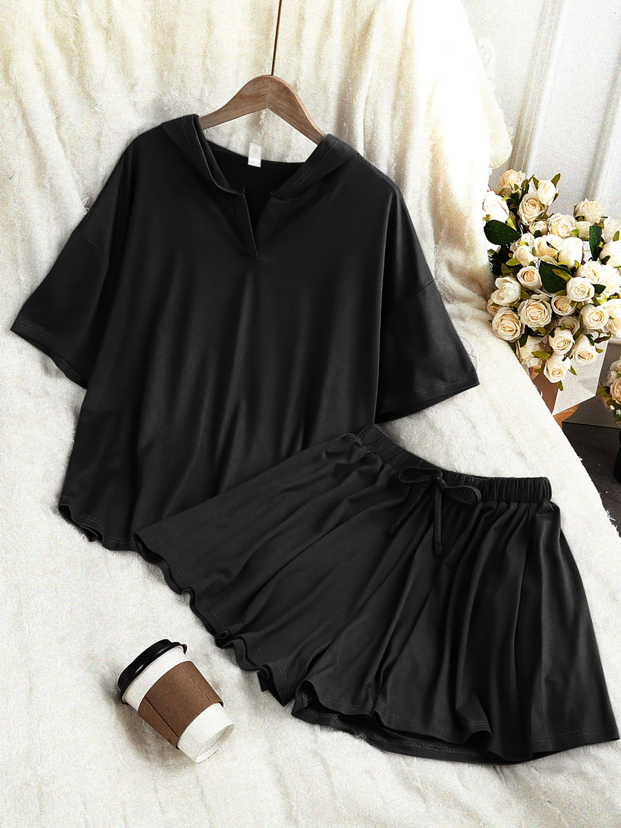 Plus Size Fashion Temperament Casual Solid Color Hooded Sweatshirt Short-Sleeved Top Drawstring Shorts Skirt Two-Piece Set - Black