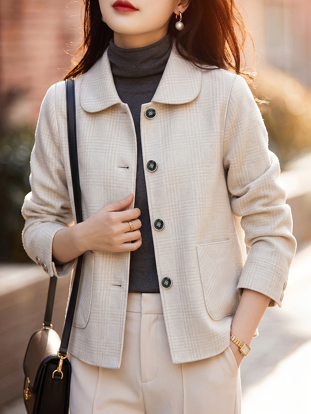 2026 Vintage Gray Houndstooth Short Blazer for Women, Lapel Collar, Single-Breasted, High-End Feel, Simple Commuter Jacket Top - Khaki