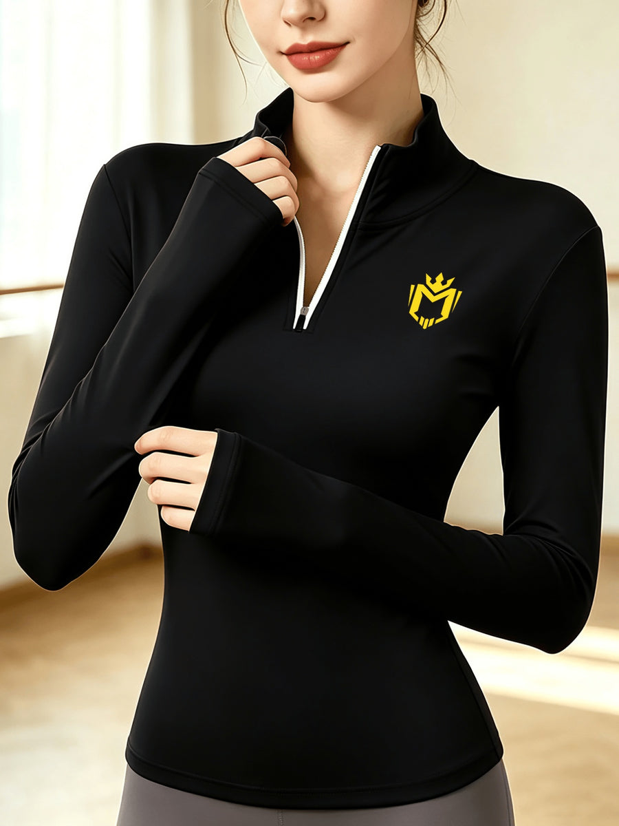 Women'S Elegant Semi-High Neck Zipper Long Sleeve Shirt, Mid-Stretch Fabric Top, Warm Layering Essential for Autumn And Winter - Black