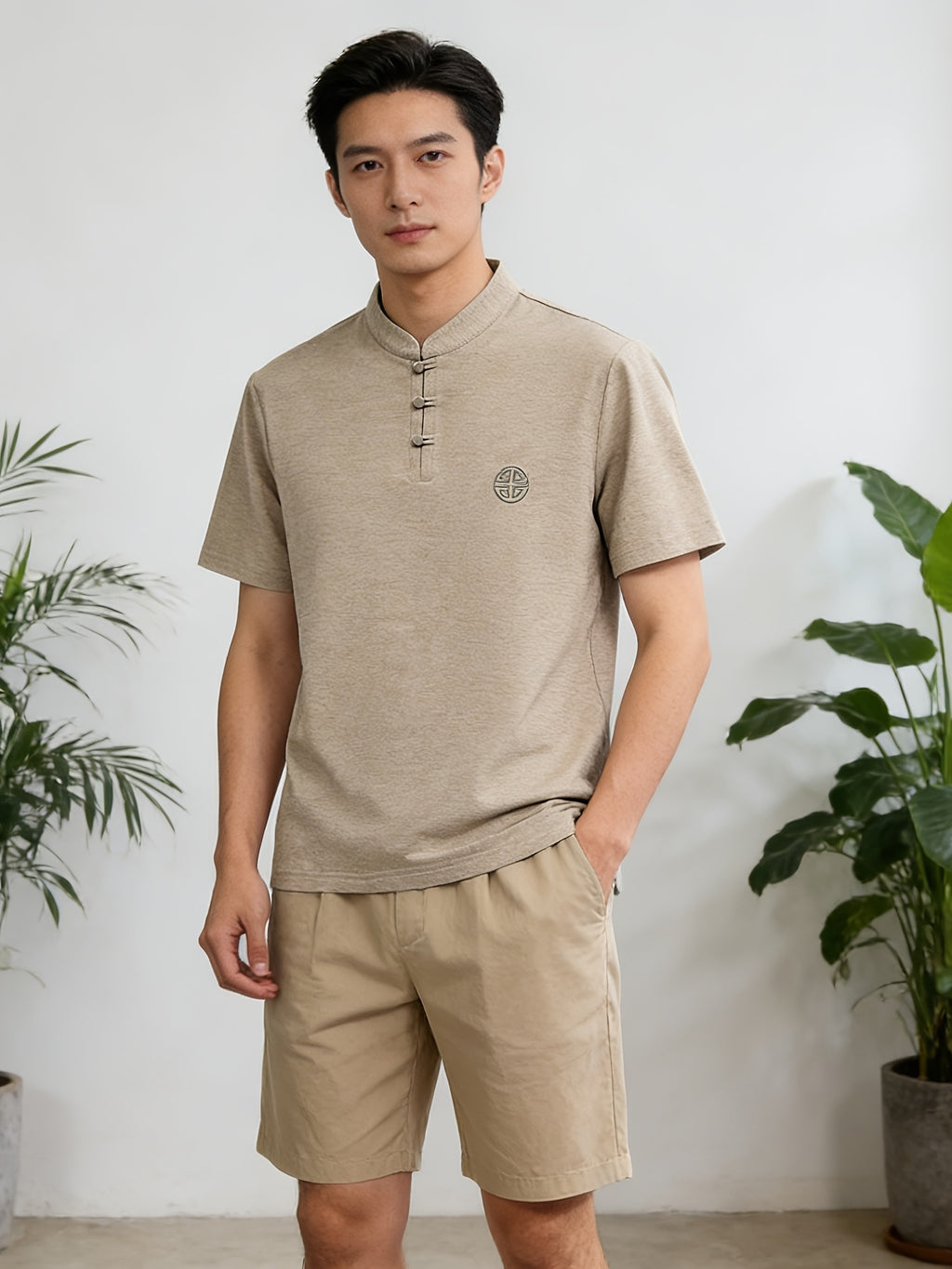 Summer New Fashion Chinese Style Comfortable Fabric Men'S Casual Sports Polo Shirt Short Sleeve, Gift, Casual Wear - Khaki