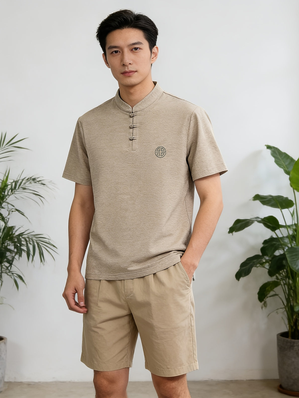 Summer New Fashion Chinese Style Comfortable Fabric Men'S Casual Sports Polo Shirt Short Sleeve, Gift, Casual Wear - Khaki