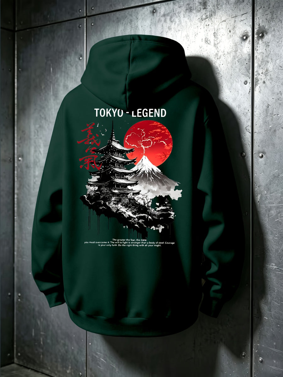 Men'S Autumn Winter Letter Print Hooded Sweatshirt, Versatile Sport Casual Loose Hoodie - Green