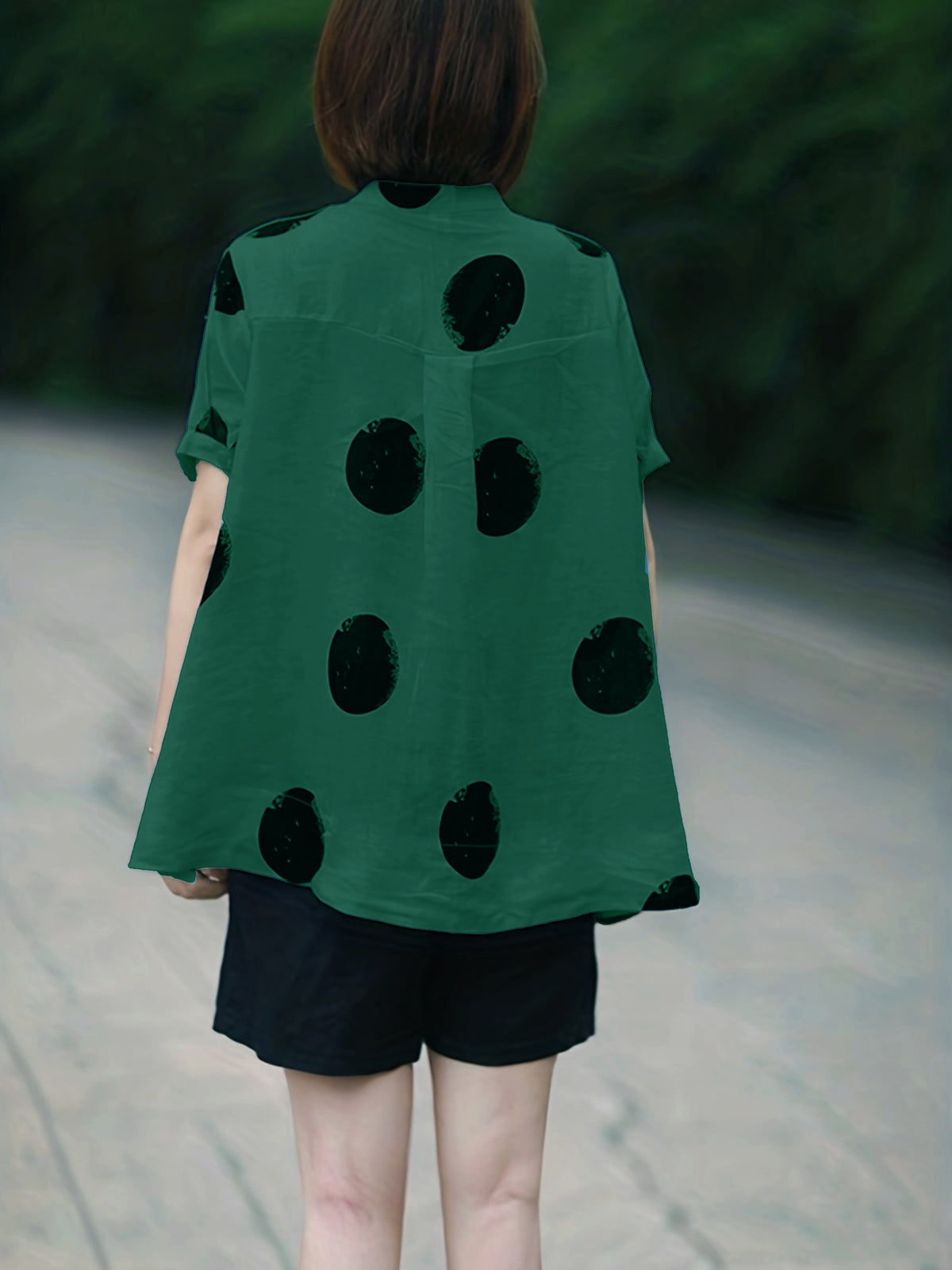 Women'S Vintage Polka Dot Print Shirt - Short Sleeve, Stand Collar, Button-Up Top with Asymmetrical Hem, Black & Orange, Casual Summer Blouse for Adults, Casual Summer Wear | Vintage Style Shirt | Nonstretch Fabric - Dark Green
