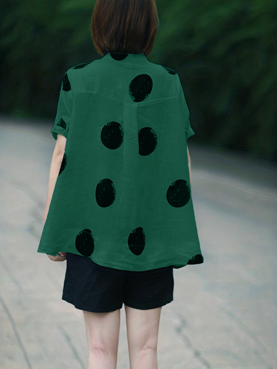 Women'S Vintage Polka Dot Print Shirt - Short Sleeve, Stand Collar, Button-Up Top with Asymmetrical Hem, Black & Orange, Casual Summer Blouse for Adults, Casual Summer Wear | Vintage Style Shirt | Nonstretch Fabric - Dark Green
