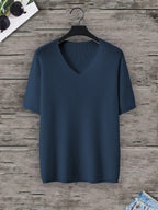 Men'S Loose-Fitting Short-Sleeve Pullover with a V-Neck And Dropped Shoulders, Knit - Navy Color