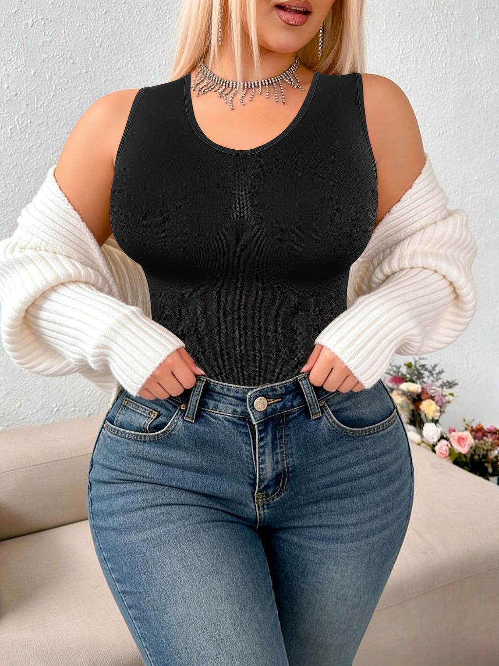 Plus-size Women's Shaping and Waist-cinching Daily Wear and Loungewear Vest, Can Be Worn as an Inner Layer or Outer Layer - Black