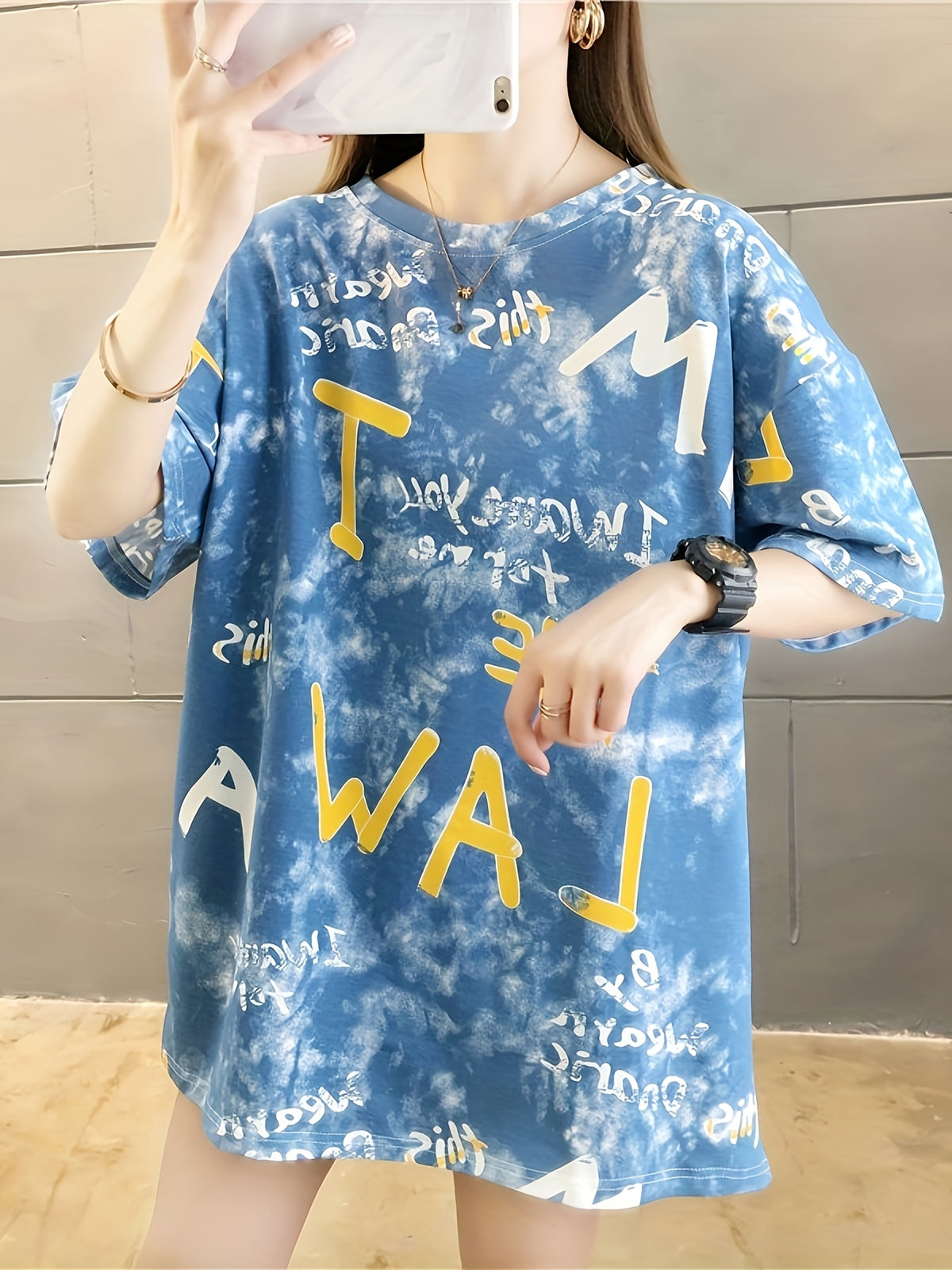 Women's Plus Size Loose Fit Cartoon Print T-Shirt - Casual Round Neck Short Sleeve Top, Breathable Medium Stretch Fabric, Long Length for Spring Summer Fall, Machine Washable, Ladies T Shirts - Sky Blue