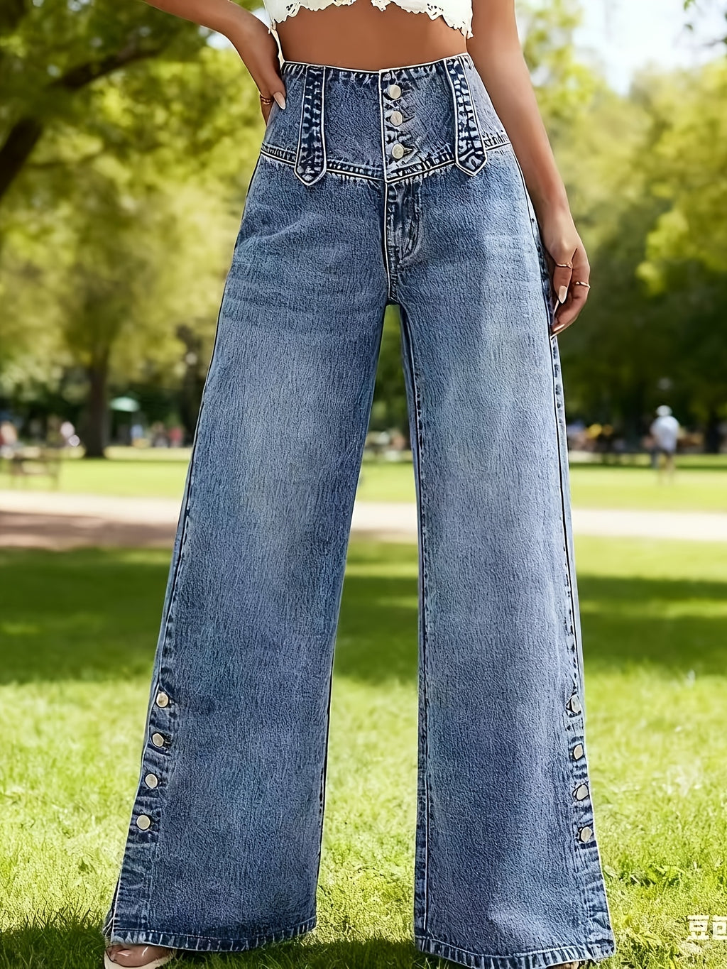 Western Retro Straight Button-Fly High-Waist Women'S High-Stretch Jeans - Deep Blue