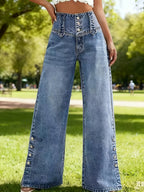 Western Retro Straight Button-Fly High-Waist Women'S High-Stretch Jeans - Deep Blue