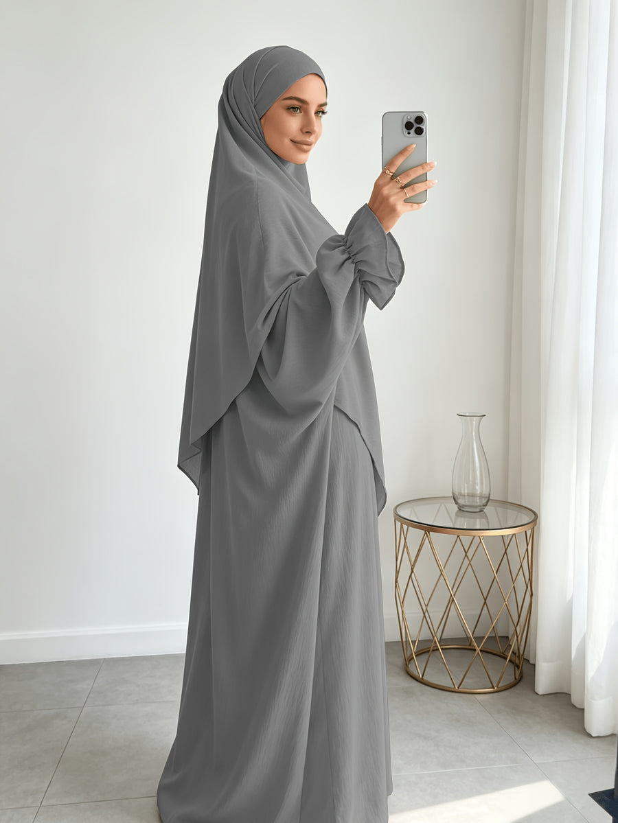 A Khimar + Abaya Prayer Jilbab Suit, a Fashionable and Elegant Vacation Set Featuring a Pure-color, Simple Single-layer Headscarf and a Light, Breathable, Comfortable Horn-sleeve Loose Dress. This Women's Abaya Combination Set Is Ideal for Muslim - Dark Gray