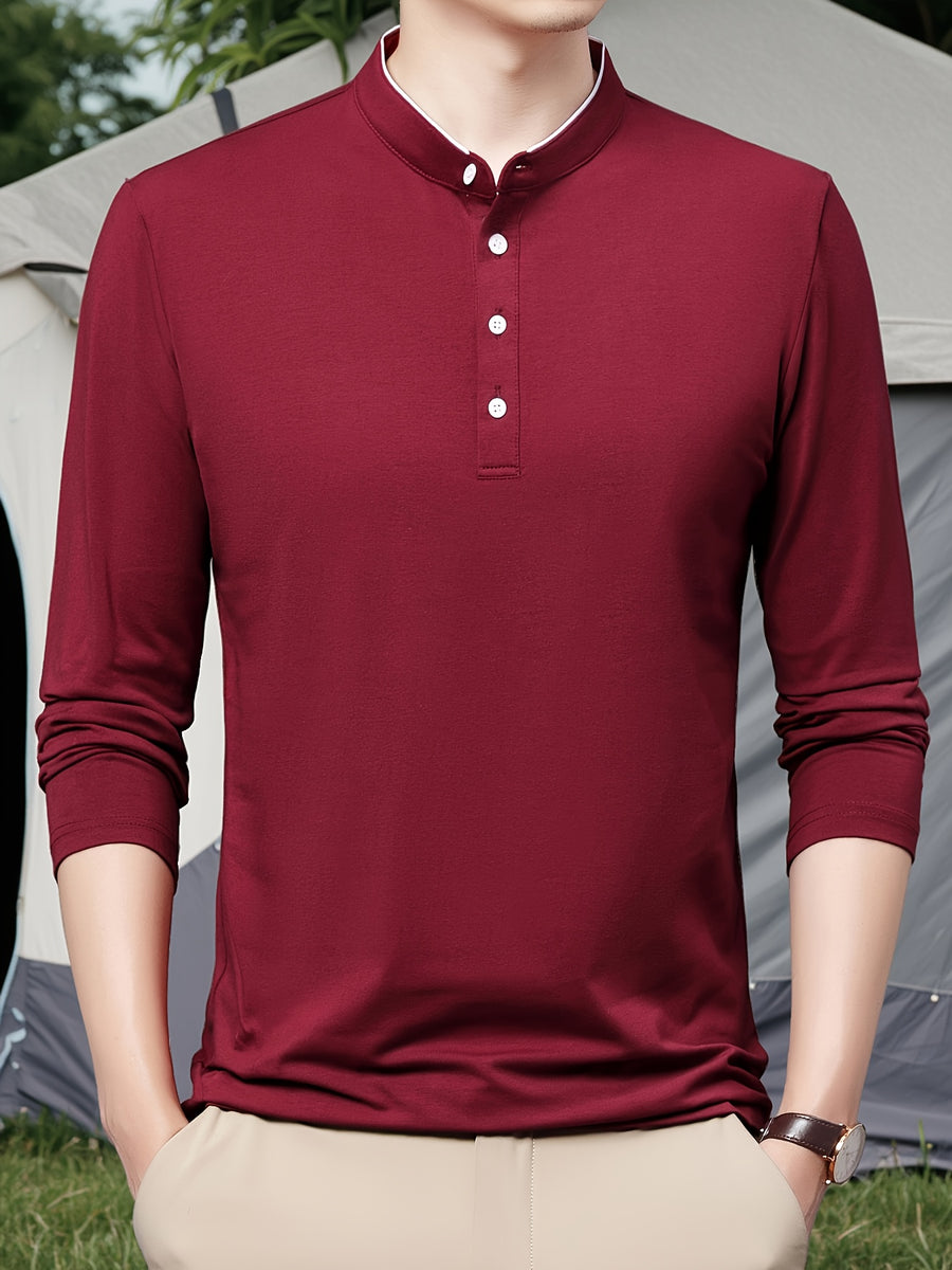 New Spring/Autumn Men's Stand Collar Long Sleeve T-Shirt, Casual Business, Dad's Outfit, Pure Top, Holiday Gift - The color of rouge