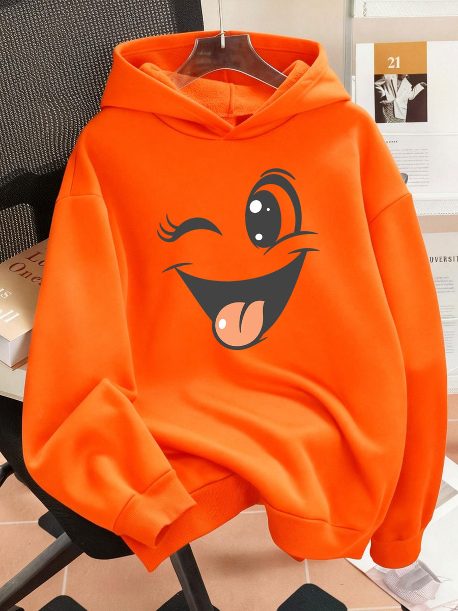 Plus Size 1pc Fashion Women's Autumn/Winter Warm Hooded Sweatshirt with an Elegant and Beautiful Y2K Style Casual Sweatshirt Featuring a Cartoon Smiling Face Print, Winking and Sticking Out Tongue, Playful and Cute. Pattern Print Plus Size -Lined - Orange Red