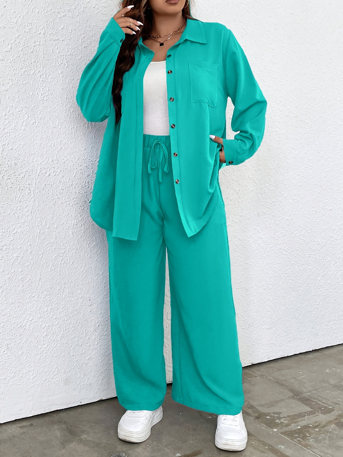 Plus Size - Ladies Fashion Plus Size Two-Piece Set - Peacock Blue