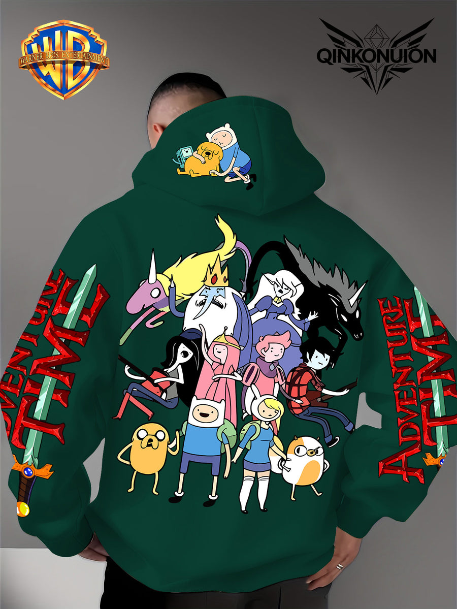 Warner Official Men's Hoodie, Adventure Treasure Full Character Gathering Adventure Print Design, Machine Washable, Warm and Casual for Autumn and Winter, Daily Drawstring Hoodie, Multifunctional Sports and Casual Loose Fit - Green