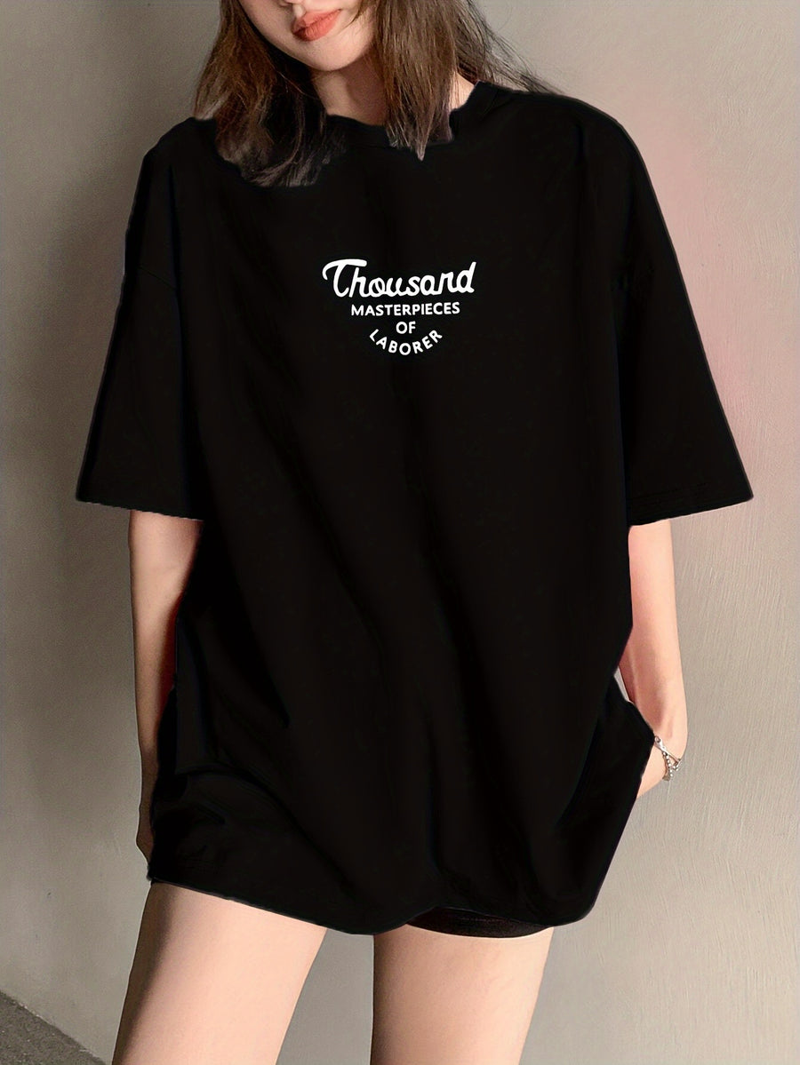 Women's Oversized T-Shirt - Loose Fit Short Sleeve Top with Letter '' Print, Round Neck Casual Summer Blouse for Spring Summer Fall, Breathable Casual Attire (Hand Washable) - Black