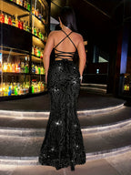 New Sequin Women'S Long Dress Gorgeous Elegant Prom Party Dress Slim High Waist Women'S Long Dress Off-Shoulder Backless Slit Evening Dress Wedding Dress Wedding Guest Outfit Music Festival - Black