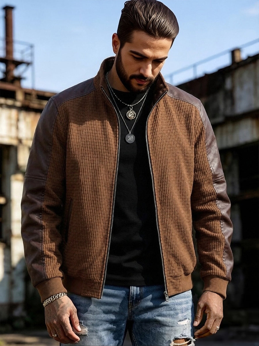 EXARUS American Retro Stand Collar Patchwork Jacket Men'S Spring Autumn Style, Waffle Checkered with Drop Shoulder Cargo Coat, Western Street Casual Zipper Baseball Top. 3D Textured Fabric, Smooth Full Zip Closure, Brown And Gray Available - Light Brown-1