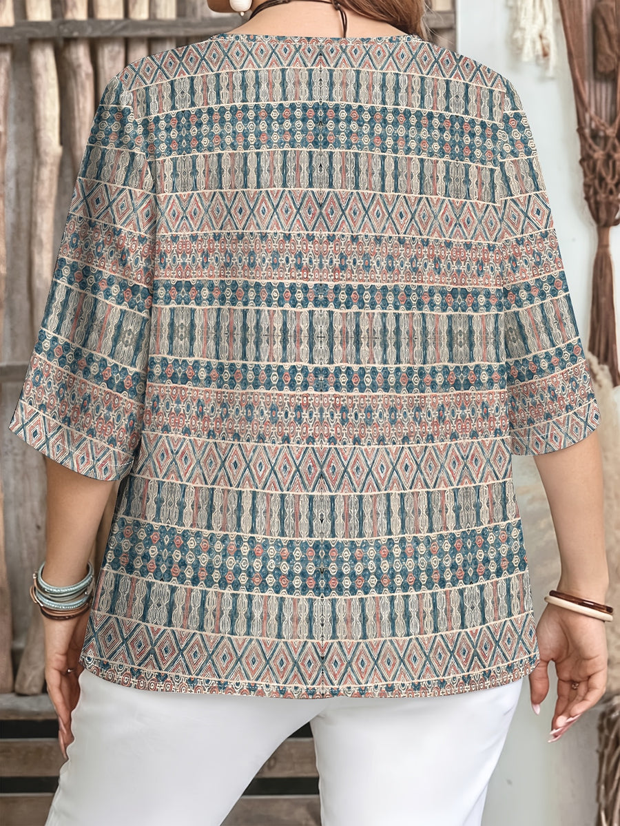 Fashion Women's Wear Vintage Ethnic Style Geometric Diamond Print Three-Quarter Sleeve Top for Women, Small V-Neck Half-Button Casual Shirt for Spring/Summer, Artistic and Elegant Mom Blouse, a Perfect Gift for Women [Printed Design – Not Textured] - Mixed colors