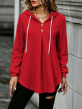 Waffle- Women's Sweatshirt with a Button- Placket at the Hooded Neckline, Creating a and Stylish Look. A Casual yet Elegant Hooded Sweatshirt—fashionable and Versatile - Scarlet red