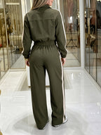 Spring and Autumn Women's Casual Set: Short Workwear Long-Sleeve Jacket and Straight-Leg Casual Trousers - Olive Green