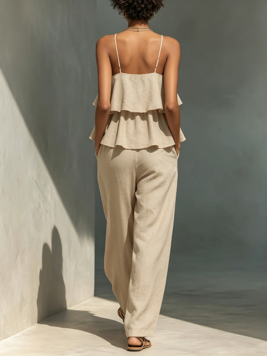 Women'S Elegant Ruffled Cake Layer Jumpsuit - Apricot