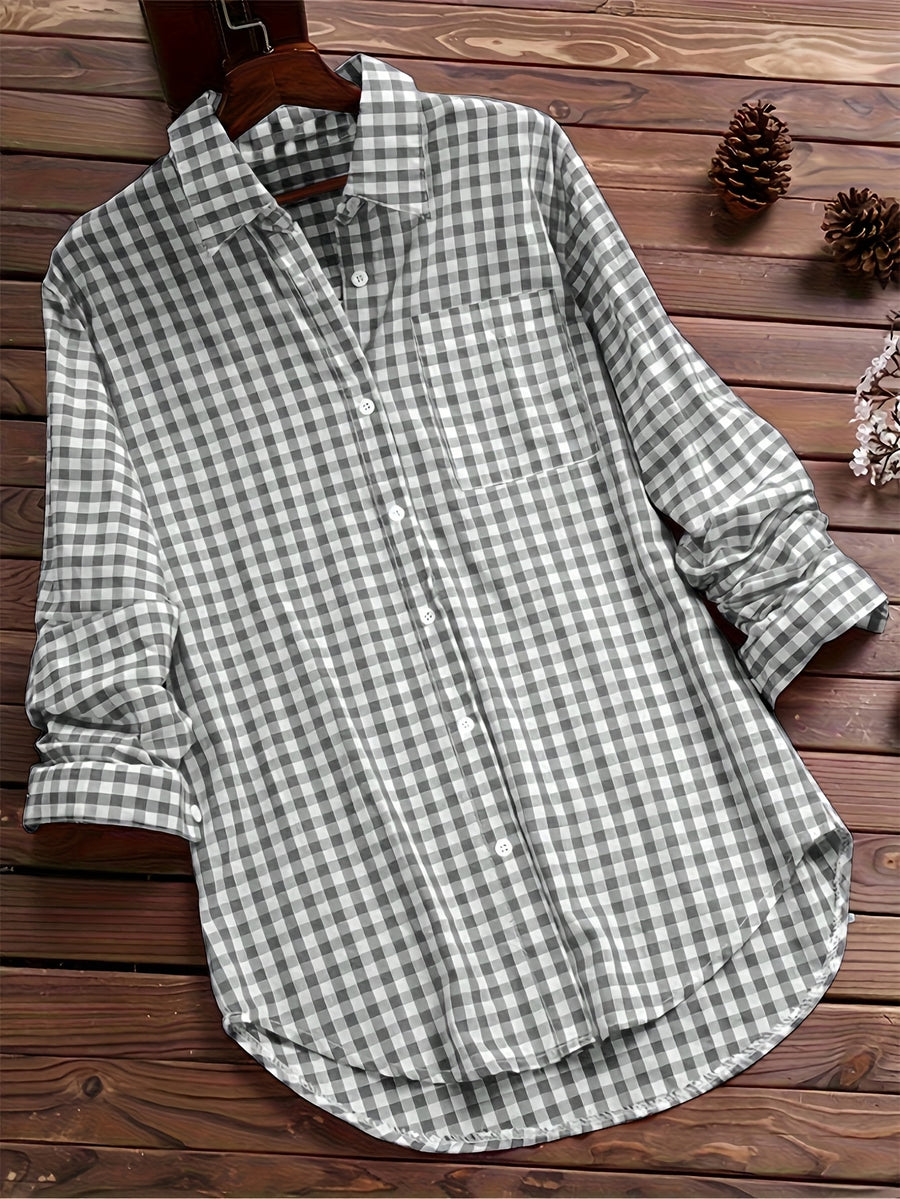 Women'S Autumn Casual Vintage Commute Long Sleeve Checkered Striped Shirt - Grey