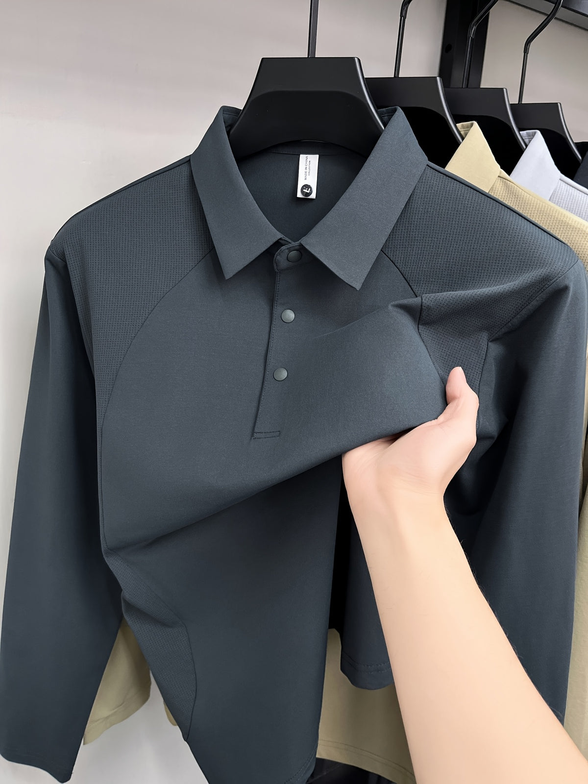 [Saa Xing OBM] 1pc Spring/Autumn New Men'S Polo Shirt, Old Money Style Textured Solid Color Half-Button Collar Single-Button Polo Neck Long Sleeve Men'S Fashion Versatile Pullover Base Layer Top, Suitable for Spring, Autumn, Wear - Dark Gray