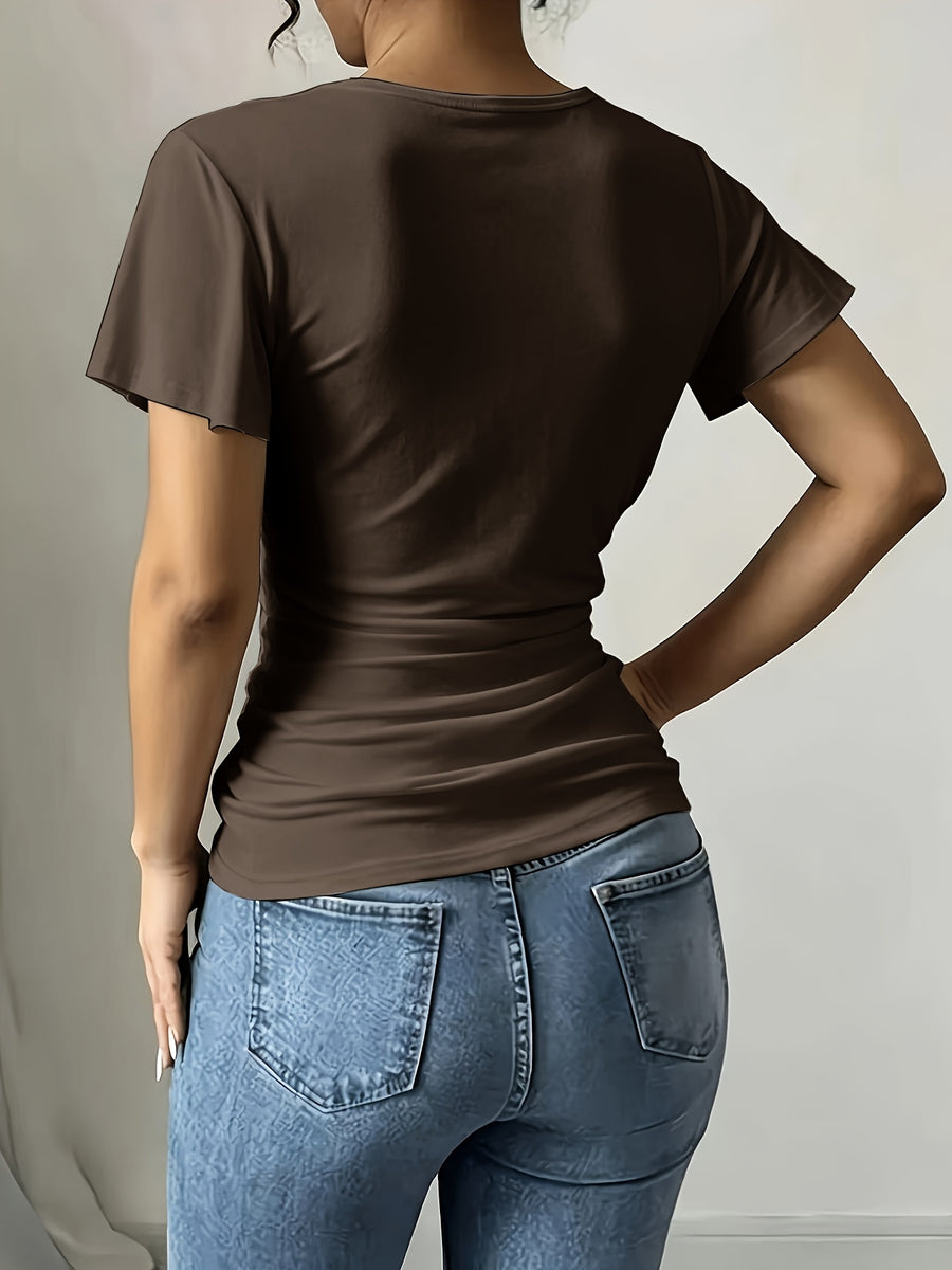Women'S Spring Summer Casual V-Neck Solid Color Commuter T-Shirt - Coffee Brown