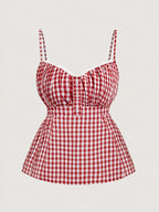 Women's Plaid Button Lace Trim Spliced Spaghetti Strap Top - Red