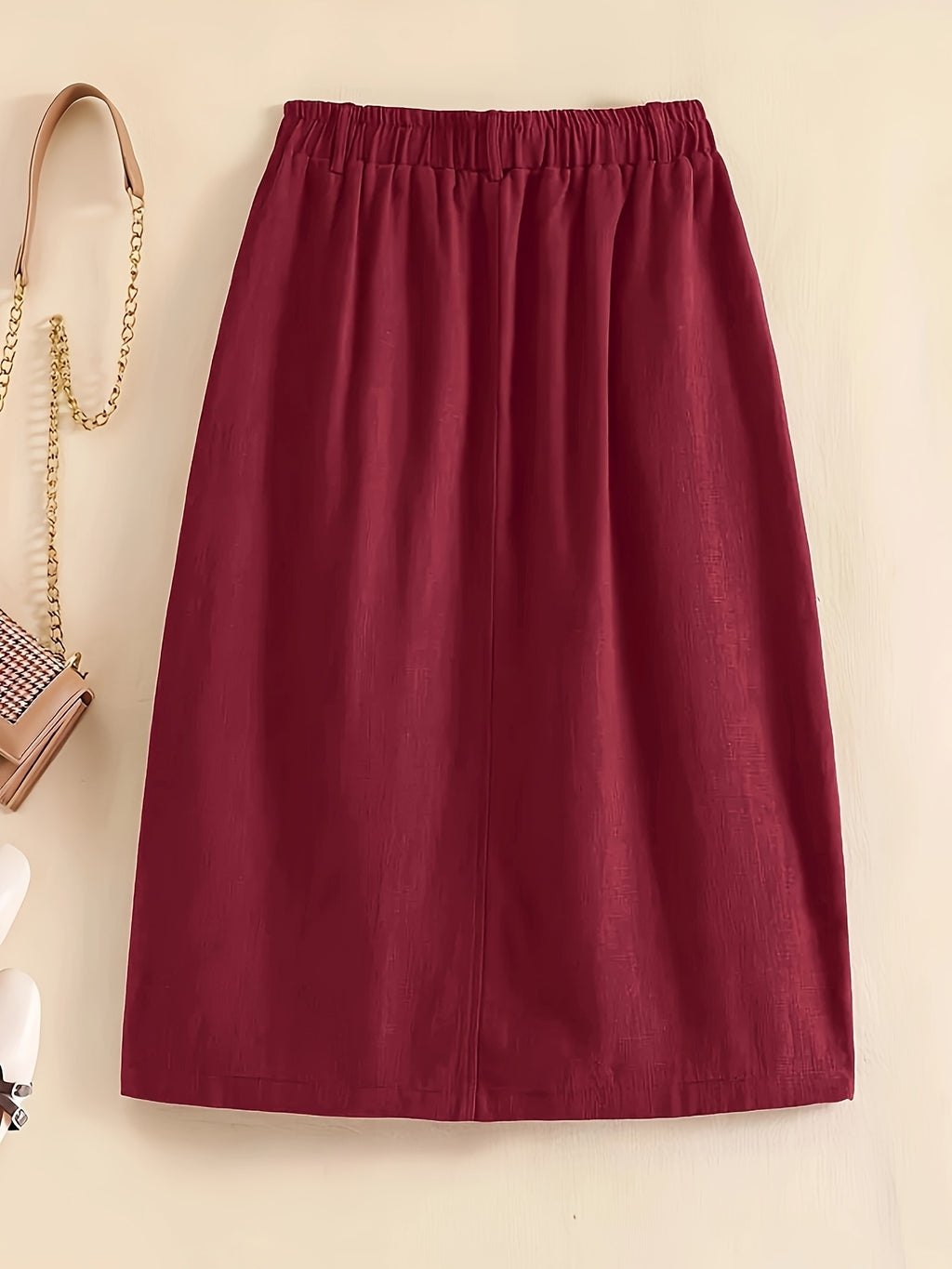Spring/Summer/Autumn Lightweight Korean-Style Vintage Linen Loose Skirt with Elastic Waistband and Pockets, Mid-Length Women's Skirt - Burgundy