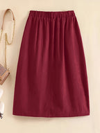 Spring/Summer/Autumn Lightweight Korean-Style Vintage Linen Loose Skirt with Elastic Waistband and Pockets, Mid-Length Women's Skirt - Burgundy