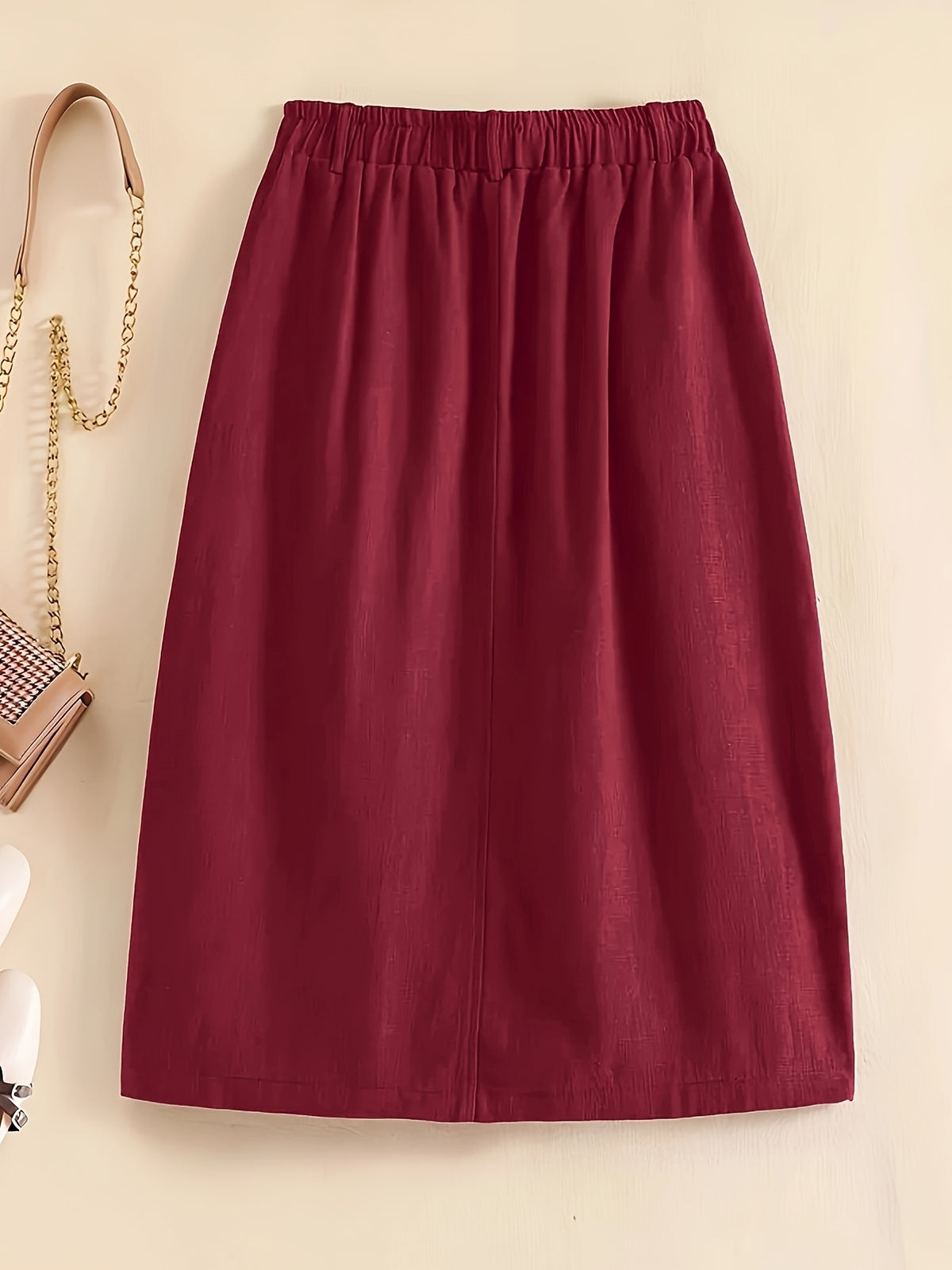 Spring/Summer/Autumn Lightweight Korean-Style Vintage Linen Loose Skirt with Elastic Waistband and Pockets, Mid-Length Women's Skirt - Burgundy