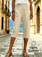 Women's Summer Solid Color Relaxed Fit Casual Mid-Length Pants, Made of Pure Fabric, with Elastic Waistband and Pockets. Loose-Fitting Mid-Length Pants, Suitable for Vacation and Daily Wear - Khaki