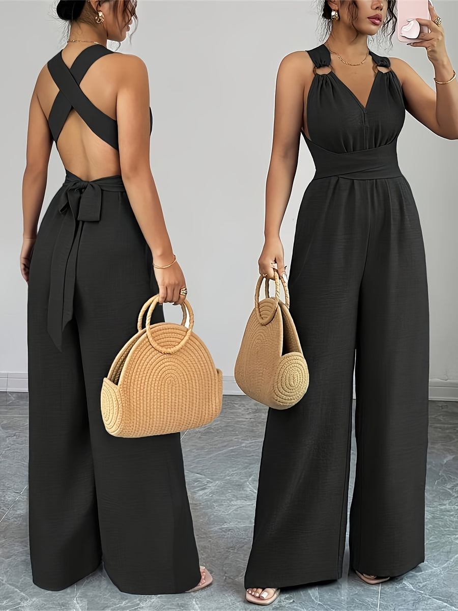 V-neck Women's Jumpsuit with Crisscross Waist Ties, Slit Back, and Wide-leg Straight-cut Pants - Black