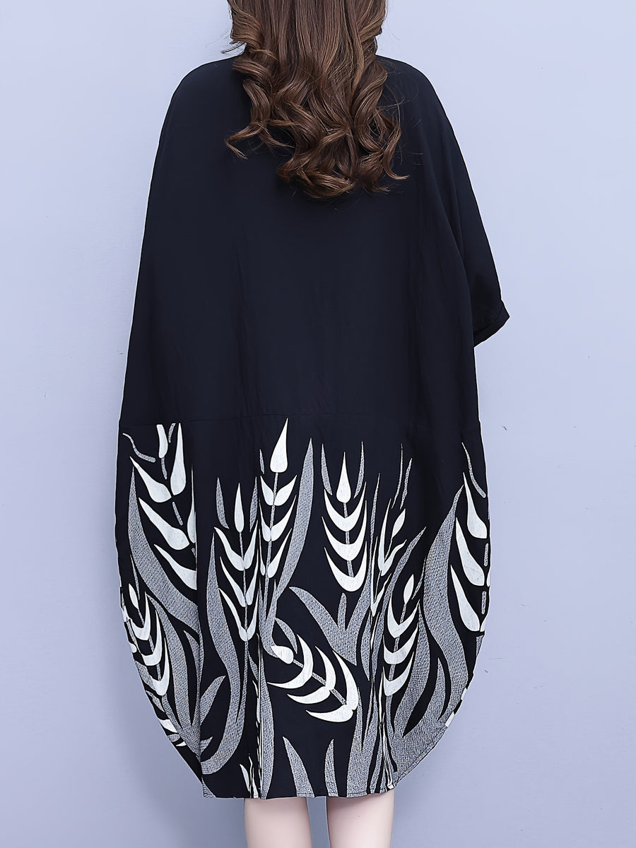 POLO Collar Lantern Sleeve Printed Short-Sleeved Shirt Casual Loose Mid-Length Dress - Black