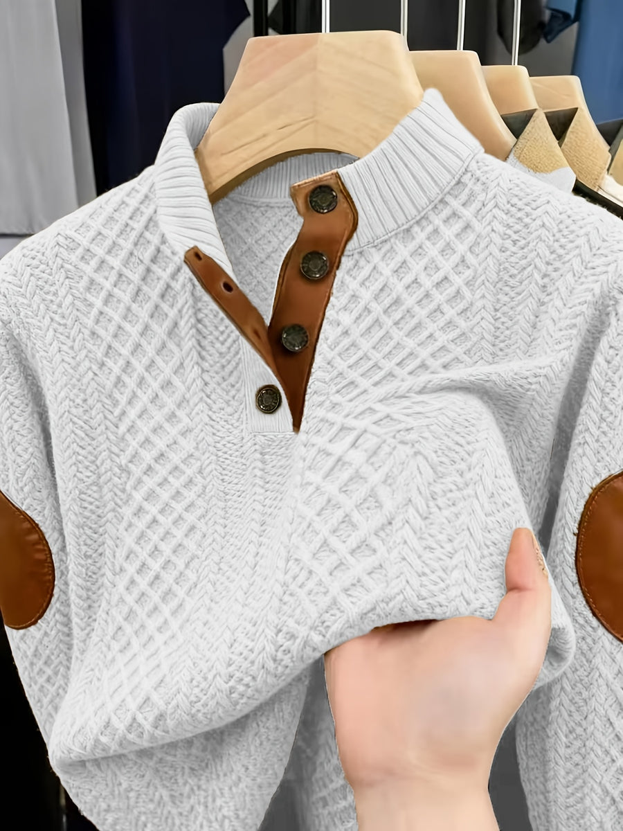 Men'S Casual Sports Sweater, Knit Sweater, American Casual Textured Diamond Knit Top, Men'S Stand Collar Contrast Color Button-Up Loose All-Match Retro Velvet Sweater Jacket, Autumn Winter Casual Sweater, Multi-Color Available - White