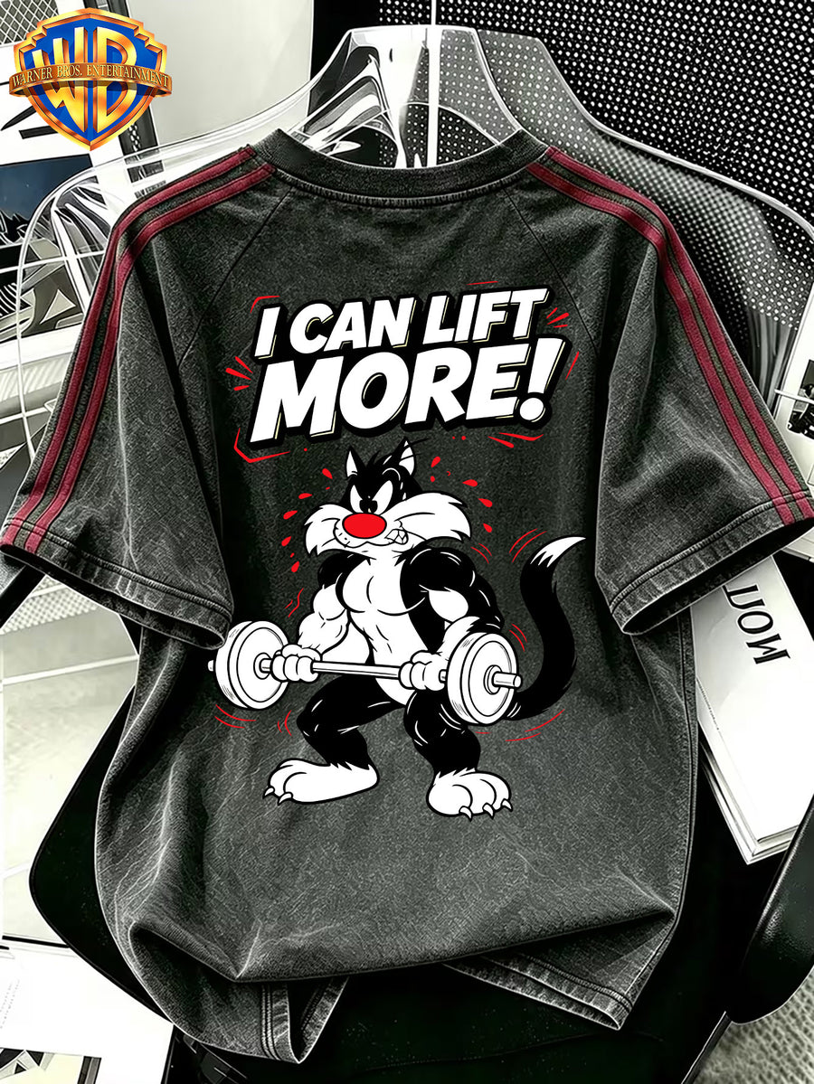 Warner Official Authorization, American Retro Men's Washed Short T-shirt, Silly Cat Vigorously Lifting Barbell, Fitness Hot Blooded Cartoon Print Pattern, Side Contrasting Stripes, Comfortable and Breathable, Suitable for Daily Commuting in Summer - Black