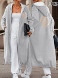 Women'S Casual Fashion Long Hooded Coat | Geometric Sun And Moon Print In Light Golden With "Good Vibes Only" | Comfortable And Versatile For Daily Commute - Grey