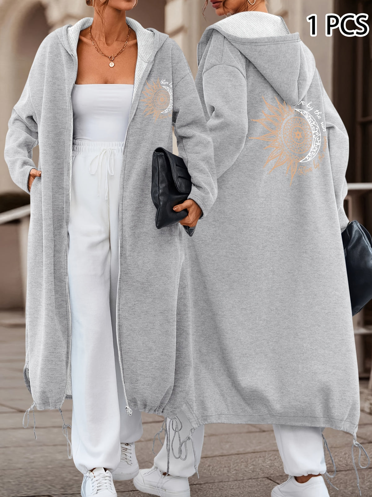 Women'S Casual Fashion Long Hooded Coat | Geometric Sun And Moon Print In Light Golden With "Good Vibes Only" | Comfortable And Versatile For Daily Commute - Grey