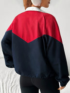 Women'S Color-Block Zipper Stand-Up Collar Jacket - Navy blue color