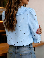 Women'S Heart Print Short Sleeve Blouse with Peter Pan Collar And Ruffled Cuffs - Sky Blue
