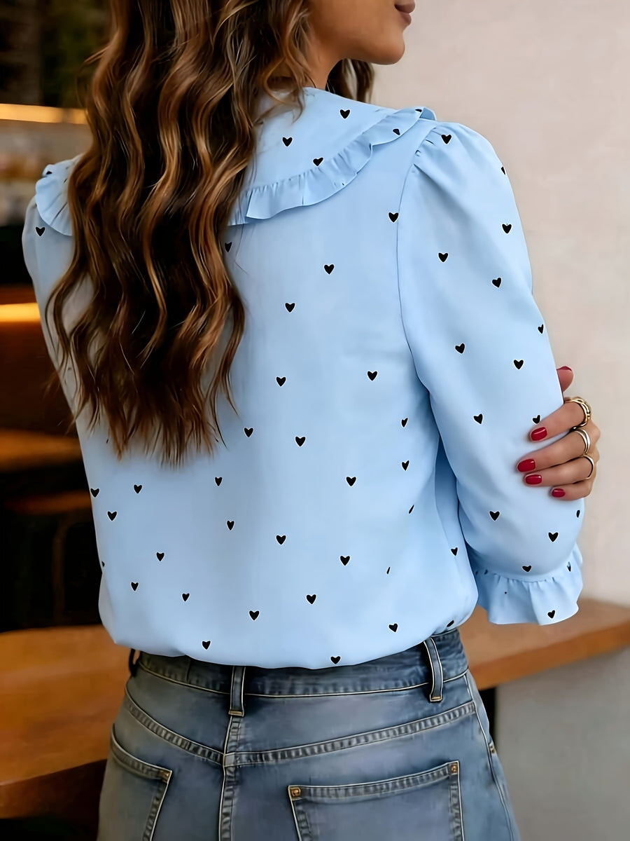Women'S Heart Print Short Sleeve Blouse with Peter Pan Collar And Ruffled Cuffs - Sky Blue