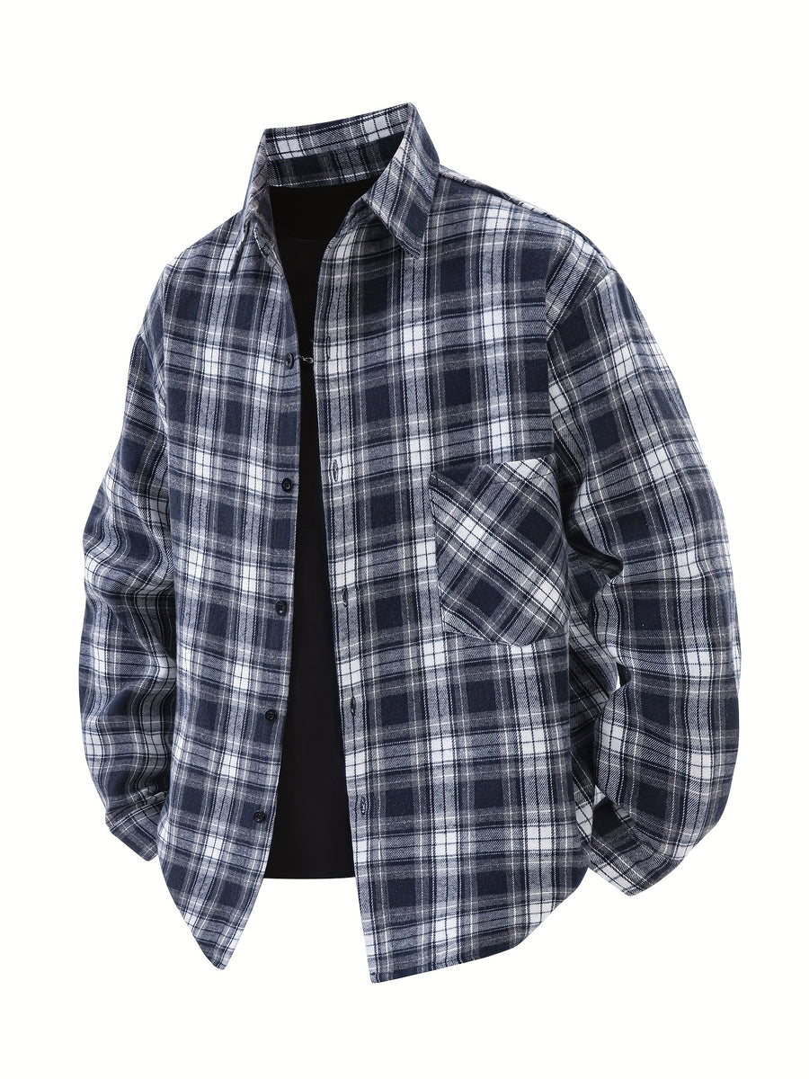 3pcs Set - Men'S Spring/Autumn Lapel Plaid Shirt Youth Outdoor Casual Trendy Top Men'S Fashion Versatile Jacket - Dark blue + sky blue + red