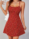 Women'S Elegant Red Spaghetti Strap Backless Halter Dress with Waist Tie for Dating Parties Beach Vacations - Multicolor